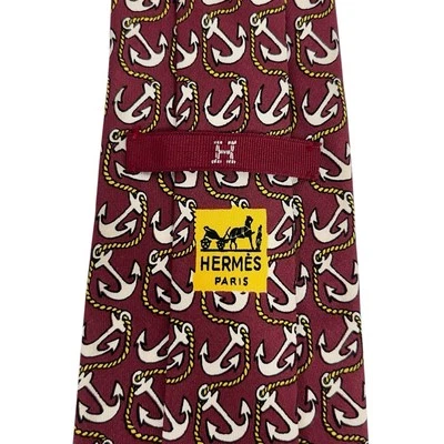 Hermes Mens Vtg Tie Nautical Anchors Clay Red Satin Silk 498 IA 3.5" (W) 55" (L) - Image 1 of 4