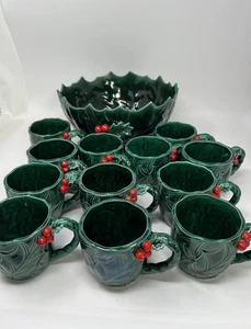 Vintage Lefton grün Stechpalme Beere Weihnachten Bowle Schüssel Set 12 Tassen - Bild 1 von 24