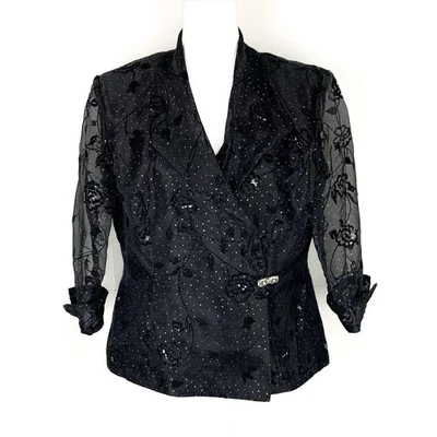 RM Richards Women Size 14 Jacket Sparkle Rhinestone Black Burnout Velvet Holiday - Image 1 of 4