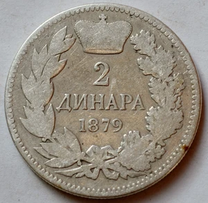 Serbia, 2 dinara 1879, Milan Obrenović IV, silver - Picture 1 of 2