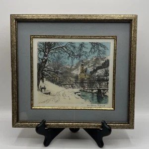VTG HANS FIGURA Print On Silk SIGNED MATTED FRAMED Alpine Village Winter 10.5X11 - Picture 1 of 8