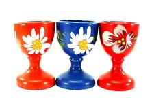 Wood EGG CUPS Set of 3 Hand Painted Flowers Footed Base Arts & Craft Style