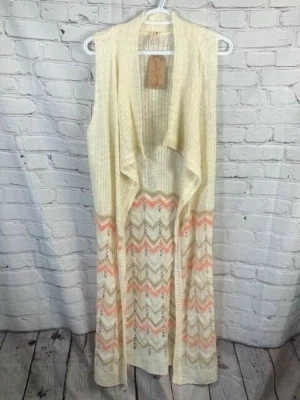 NWT Red Camel Long Cardigan Vest Open Front Boho Knit Ivory Coral Zig Zag Small - Image 1 of 4
