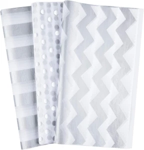 60 Pcs Silver White Tissue Paper Bulk 3 Style Decorative Metallic Wrapping Paper - Picture 1 of 7