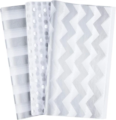 60 Pcs Silver White Tissue Paper Bulk 3 Style Decorative Metallic Wrapping Paper - Image 1 of 4
