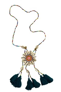 Collar Macramé Hecho a Mano Cordón de Cera con Cuentas de Piedra y Latón - Imagen 1 de 11