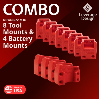 COMBO: 8 / 4 HEAVY DUTY Milwaukee M18 TOOL and Battery Holders Mount MADE IN USA