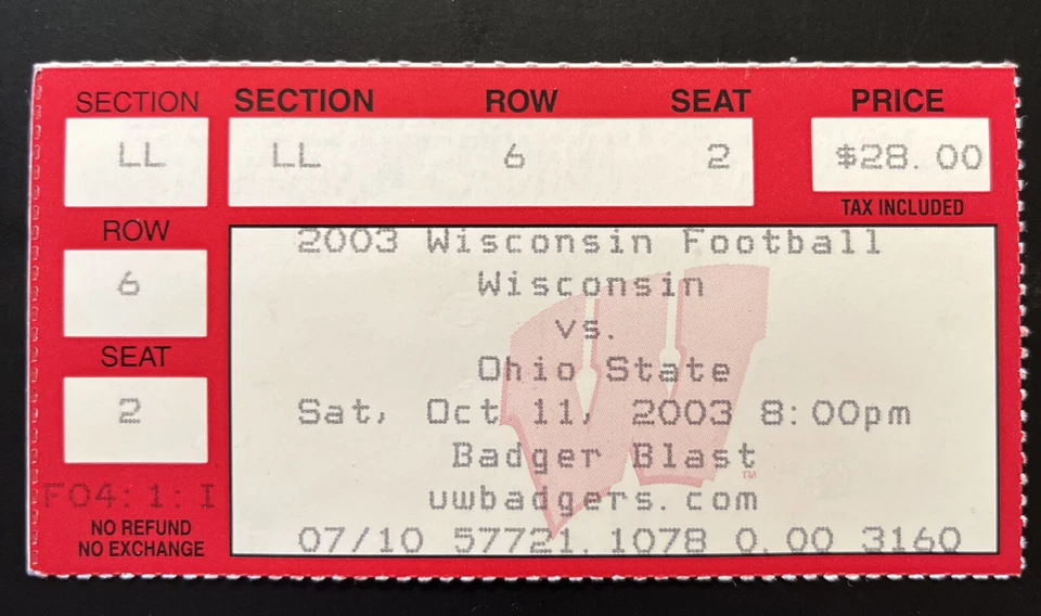 Wisconsin vs Ohio State 10/11/2003 College Football Ticket Stub - Image 1 of 2