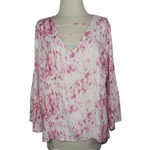 Arizona Jeans Women Top Pink White Size 2XL 3/4 Bell Sleeve Deep V-Neck  Blouse - Picture 1 of 8