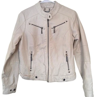 Chaqueta de moto J2 Jou Jou de cuero sintético crema talla mediana Foto 1 de 4