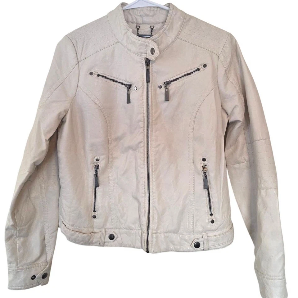 Chaqueta de moto J2 Jou Jou de cuero sintético crema talla mediana Foto 1 de 4