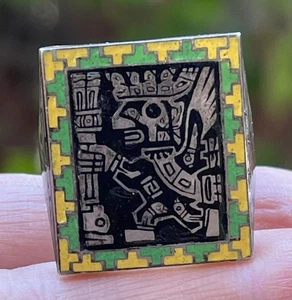 Vintage Mexican Biker Enamel Aztec ring Sterling Silver size 9 - Picture 1 of 23