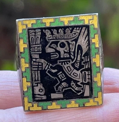 Vintage Mexican Biker Enamel Aztec ring Sterling Silver size 9 - Image 1 of 4