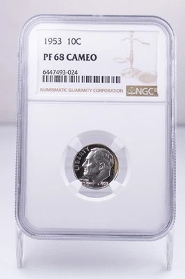 Certified 1953 Roosevelt Dime NGC PR68 Cameo Proof Silver 10c  - Image 1 of 4