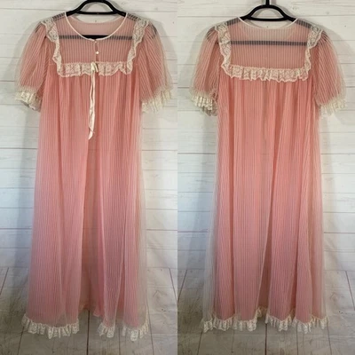 Vtg Miss Elaine Short Puff Sleeve Long Peignoir Robe Sz Medium Sheer Pink Nylon - Image 1 of 4