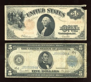 Random set of $5 1914 Blue Seal and $1 1917 Legal Tender Note - Picture 1 of 2