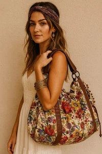 Bolso de Hombro ANTHROPOLOGIE Floral Tapiz con Cuentas Pom Boho Cuero MUY RARO - Imagen 1 de 12