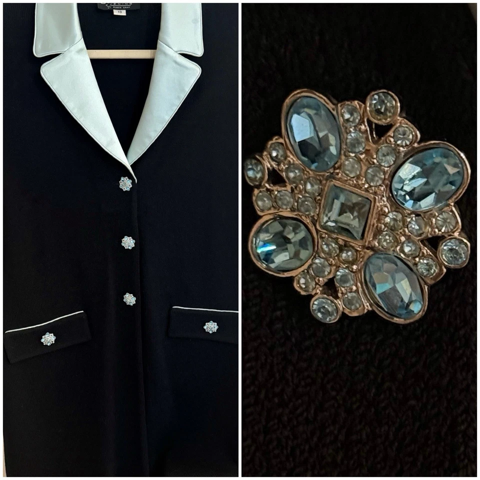St. John Evening Cardigan Jacket Black Size 10 Aqua Satin Trim & Crystal Buttons - Image 1 of 4