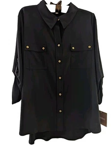 Ellen Tracy Black Dressy/Business Blouse Large 3/4 Sleeve Front Pockets NWT - Picture 1 of 9