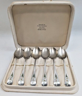 6 件套纯银勺子珐琅百慕大百合桑德和牧羊犬切斯特英国盒装 — 第 1/4 张图片