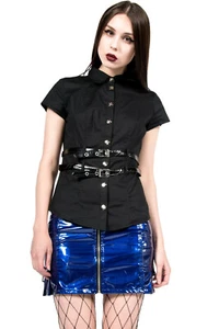 Camicia nera Lip Service Cyber Goth industriale cinturino vinile fibbia XS - Foto 1 di 5