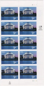 Scott #3647 $3.85 Jefferson Memorial Half Sheet Plate Block of 10 Stamps - Picture 1 of 1