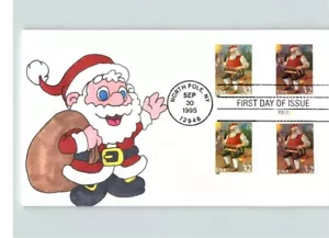 Hand Painted SANTA CLAUS, Block of 4, 1995 canc. North Pole, New York FDC - Picture 1 of 1