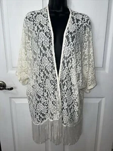 Mauve Lace Crocheted 3/4 Sleeve Size XL Fringed Bottom Open Front Cover-up - Picture 1 of 7