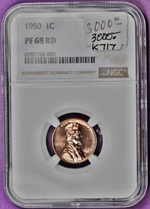 1950Lincoln Head Cent.  In NGC Holder.  PF 68 RD.  K717 - Picture 1 of 2