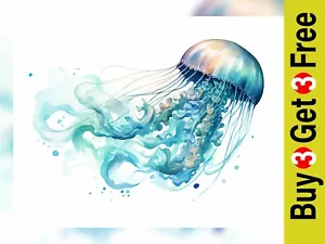 Blue Jellyfish Watercolor Painting Print Art Decor 5"x7" - Picture 1 of 6