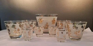 Libby Gold Leaf And Roses MCM Bar Set Ice Bucket 4 Drink And 4 Shot Glasses - Picture 1 of 14