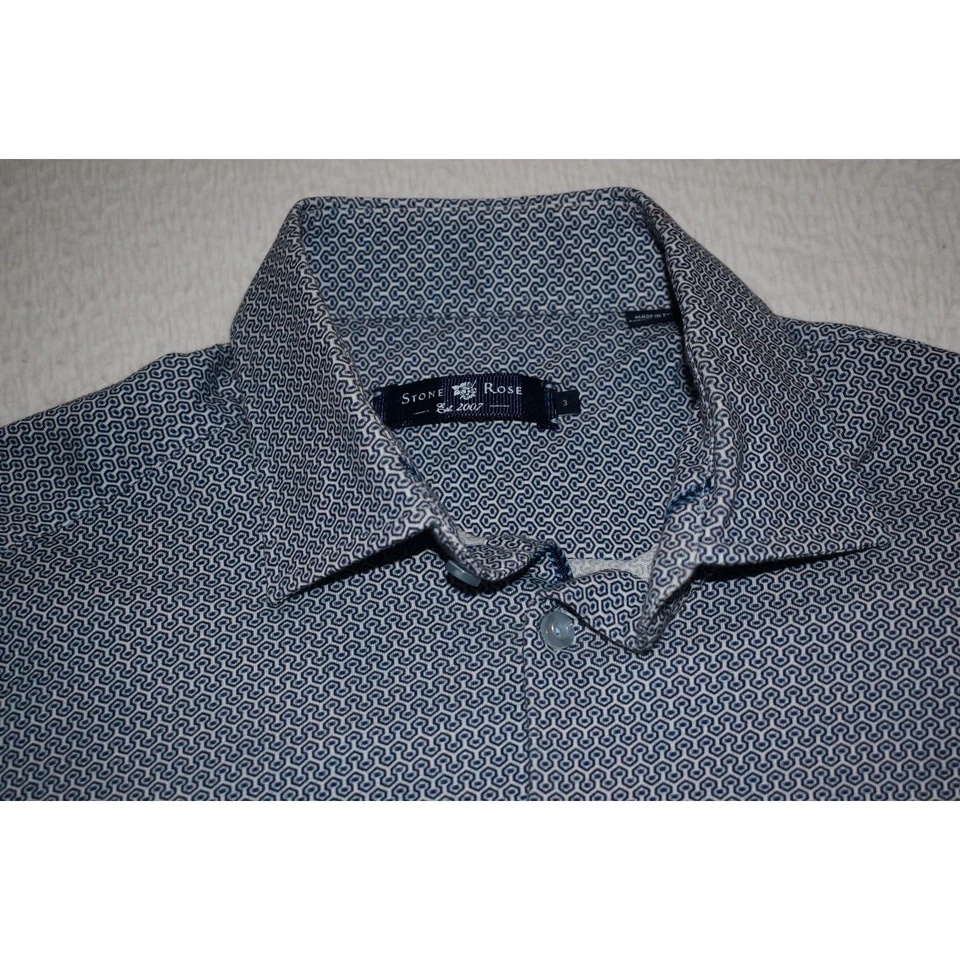 Stone Rose Button Up Dress Shirt Mens Size 3 Stretch Blue Geometric  - Image 1 of 4