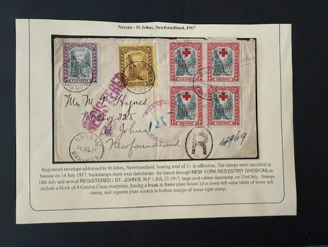 1917 Bahamas Registered Cover to Newfoundland Block of Red Cross stamps & 5 & 3d - Image 1 of 1