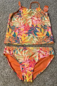 WONDER NATION Girls 2 Piece Tankini Swimsuit NWT Size XX-Large 18 FLORAL ORANGE - Picture 1 of 5