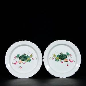 A Pair Chinese Enamel Color Porcelain Hand Painted Melon and Fruit Pattern Plate - Picture 1 of 9
