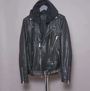 ALL SAINTS Leather Jacket LARGE Mens Black L Biker Bomber Celebrity Hooded RENZO - Picture 1 of 24