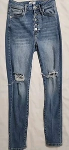Forever 21 Premium Damen Mid Rise Button Fly Distressed Blue Jeans Gr. 1/26 - Bild 1 von 5