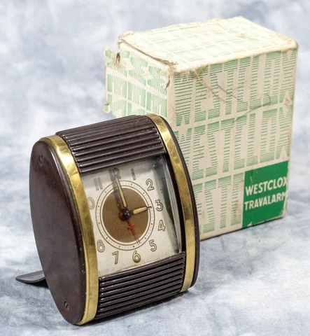 1950s Westclox Alarm Clock Travel Travalarm Shutter Mid Century Walnut Brass 452 Cover