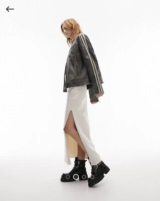 Topshop real leather stripe moto racer jacket grey size XS | RRP $280 Oversize - Image 1 of 4