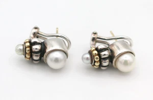Lagos Caviar Sterling Silver & 18K 750 Gold Pearl Omega Back Stud Earrings 10.3g - Picture 1 of 12