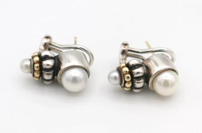 Lagos Caviar Sterling Silver & 18K 750 Gold Pearl Omega Back Stud Earrings 10.3g - Image 1 of 4