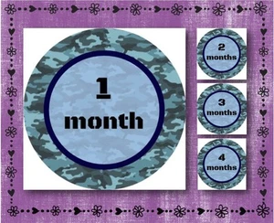 Blue Camouflage - Baby Milestone Stickers Months 1-12 - 2.5" Round Glossy Labels - Picture 1 of 1
