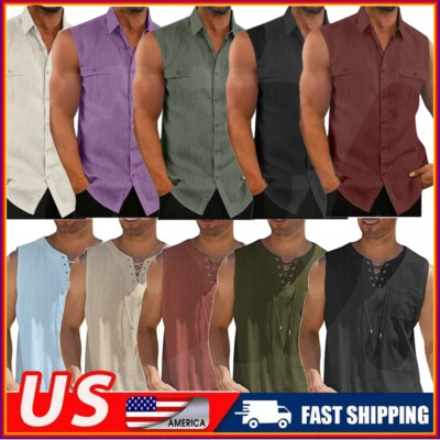 Men Solid Sleeveless Button Down Shirt With Chest Pockets Breathable Tank Top  L - Image 1 of 4