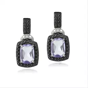 925 Silber 3ct Amethyst & Schwarz Diamant Akzent Rechteckig Lange Ohrringe - Bild 1 von 3