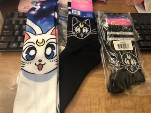 Sailor Moon Artemis 360 Print 3 Pair Of Crew Socks NEW 2 black cat one ARTEMIS - Picture 1 of 4
