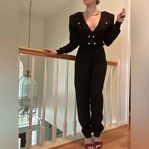 VINTAGE PAT SANDLER Sakowitz Black Knit Jumpsuit Sz 6 Mob Wife 70s 80s Cocktail - Picture 1 of 16