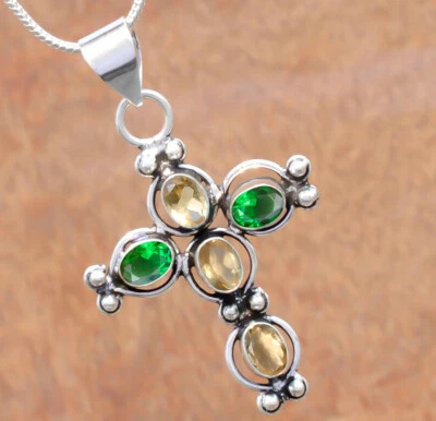 Multi citrino topacio y piedras preciosas de diopsido plata esterlina 925 festival desgaste cruz Foto 1 de 4