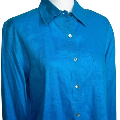Camisa DAVID N. Para Mujer Grande NUEVA Azul Brillante 100% Lino Abotonada Manga Larga Foto 1 de 4