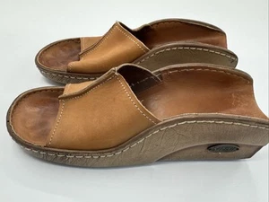 Vintage Dr. Scholls Holz Sandalen Damen 6 hellbraune Leder Pantoletten Slipper Clogs - Bild 1 von 9