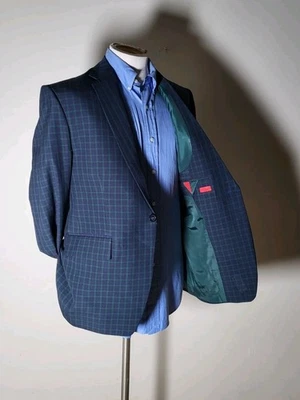 Jaqueta casaco esportivo 42R azul verde xadrez lã poliéster 2 aberturas blazer - Imagem 1 de 4
